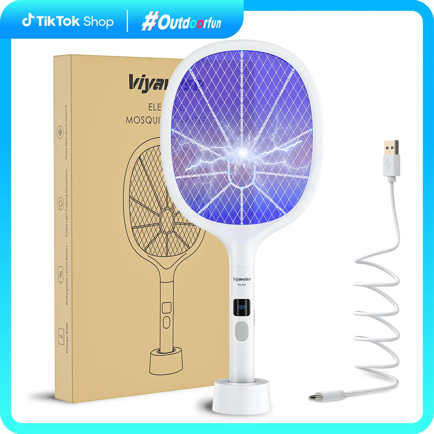 Viyawise Outdoorfun Powerful Bug Zapper Indoor & Outdoor - 10-LED Mosquito Zapper with Large Mesh, Rechargeable Gnat Killer, LED Display & Safe Fly Sw