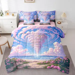 Sea of Floral Comforter Set,Romantic Storm Tornado Bedding Set,7Pcs Summer Pink Cloud Quilt,Geometric Hurricane Tornadoes Bed in a Bag
