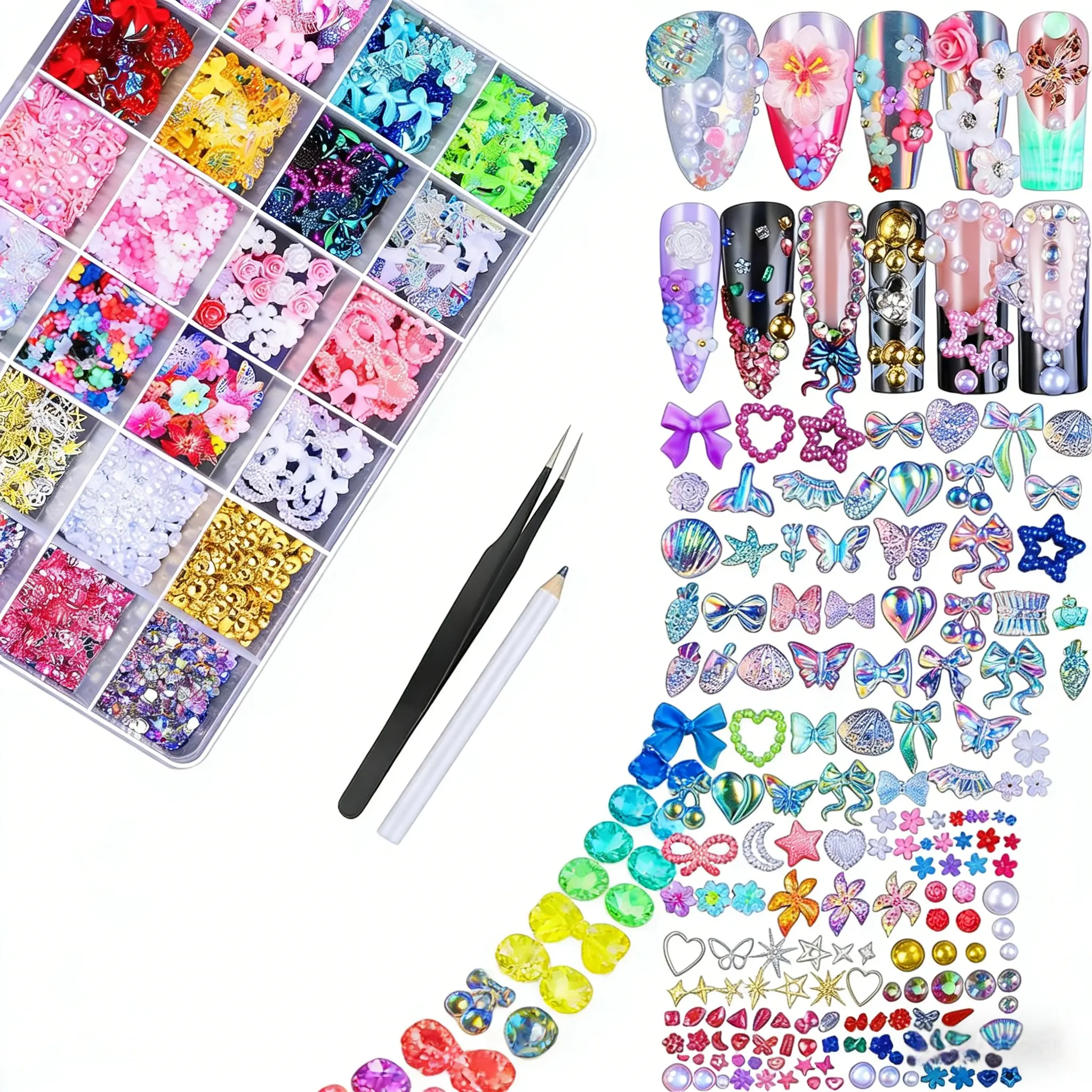 24 Grid Mesh Nail Amulet, Nail Art Set, Various Shapes of Nail Amulets and Gemstones, Flat Back AB-Type Nails in Golden Pearl Color, 3D Colombian Floral Nail Accessories, Nail Design Styles, DIY Handmade Nail Decoration Set, Nail Supplies, Ab Pearl Shine,