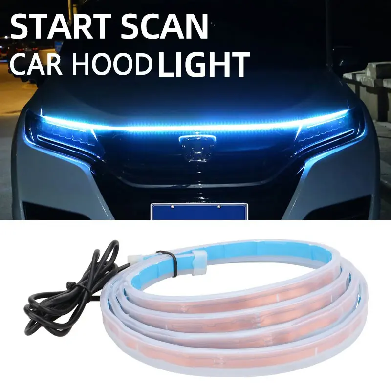 Flowing LED Light Car Hood Strip 70.8inch 12V, Blue Ice Blue, Dynamic Scan, Universal Flexible Cuttable Car Hood Light Strip
