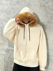 Men's Faux Fur Hooded Zipper Sweatshirt, Comfortable Oversized Winter Street Style Jacket, Warm Soft Fabric, Casual Urban Function Aesthetic