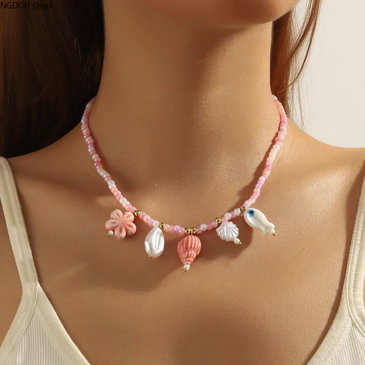 Women's Shell Necklace, Bohemian Style Red and White Braided Cord with Cowrie, Starfish & Fish Pendants - Adjustable and Waterproof for Summer Vacation, Coastal Looks, Female, Cowrie Shell, Bead, Ethnic, Adjustable Cord, Bohemian Braids, Rope