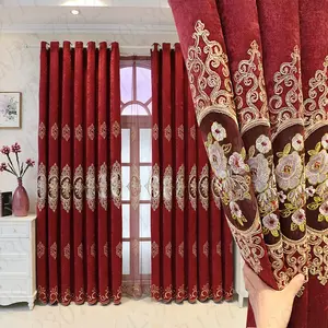 1pc European Embroidered Curtain Fabric, Chenille Drapes for Living Room Bedroom Balcony Floor-To-Ceiling Window, Pre-Punched Curtains
