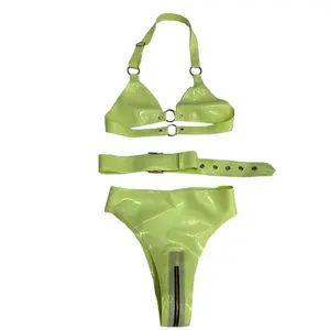 Women's Latex Ribbed O-Ring Lace-Up Bikini Swimsuit Sexy Thong Swimsuit