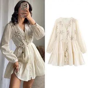 TRAF Women's Elegant Party Dresses 2025 Spring Long Sleeve Short Dresses Fashion Casual New Y2k Floral Mini Dresses Vestidos