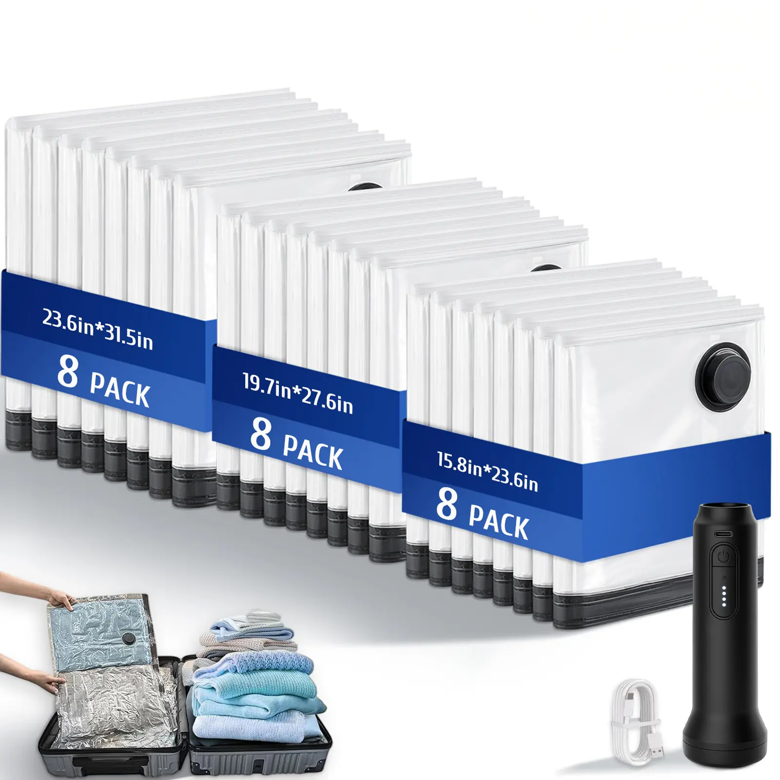 Cordless Travel Space Saver Vacuum Storage Bags Compression Bags Waterproof Reusable Clothes Storage Bags 24 Pack Multi Sizes Handheld Air Pump Long Side Opening Save 80% Space For Travel Packing