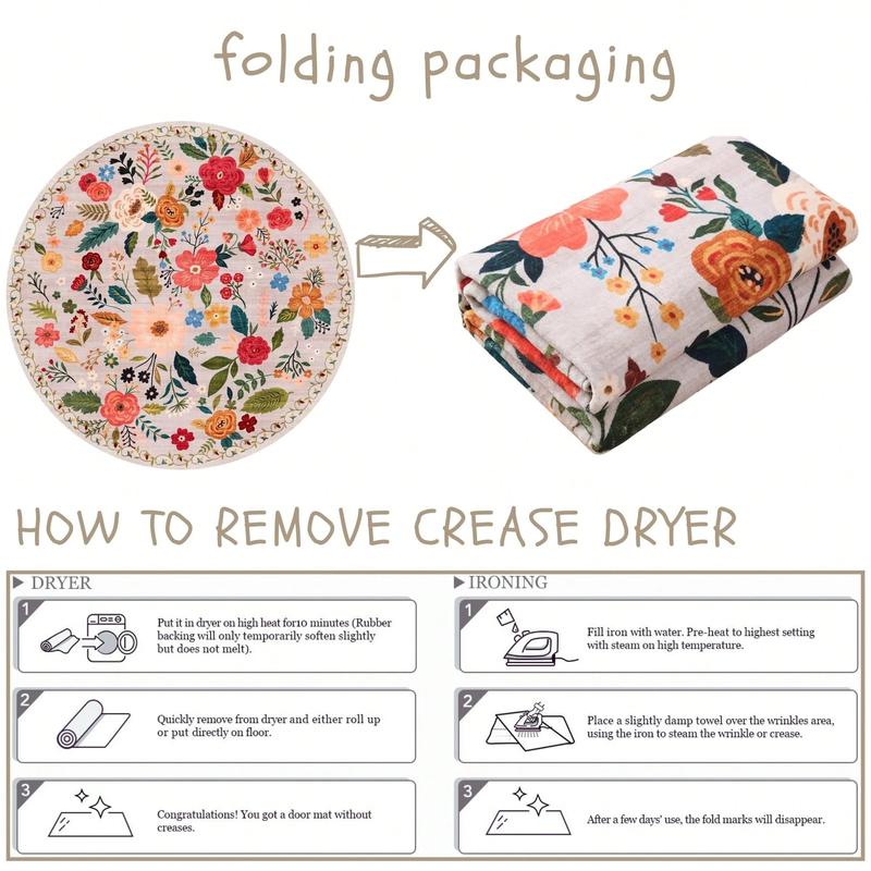 New Round Floral Boho Rug with Pink, Green & White Flowers on Beige - Low Pile Washable Non-Slip Circle Rug for Bedroom, Bathroom or Dorm