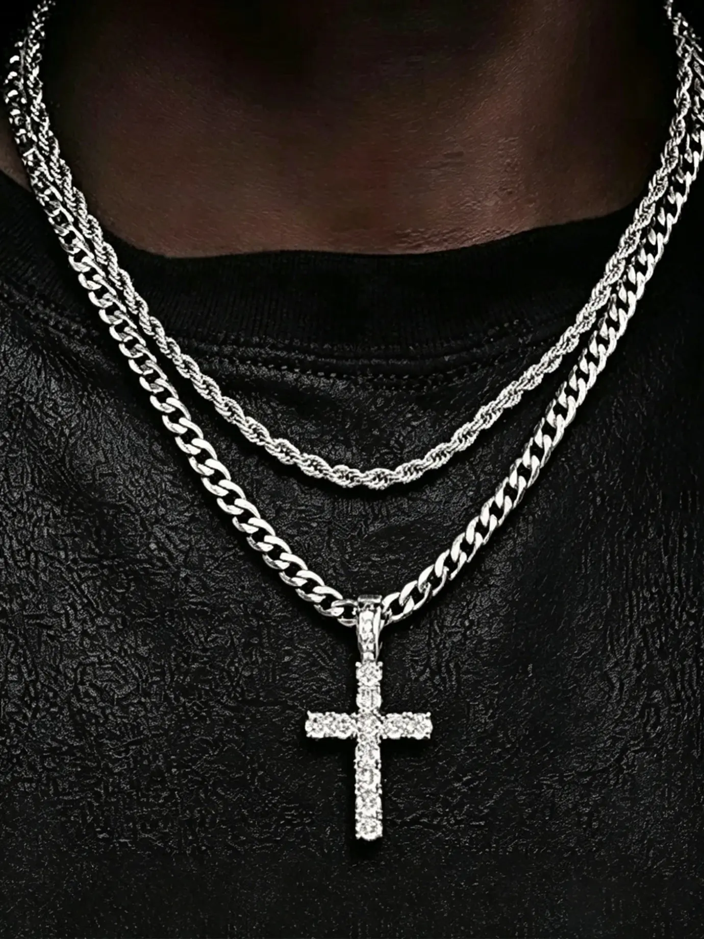 Double Layer Cross Necklace, Cross Chain Design, Cuban Chain, Cuban Link Design, Hip Hop Style Collarbone Necklace, High Quality Long Double Pendant Stainless Steel Chain, Men's Double Layer Necklace, Fashion Necklace