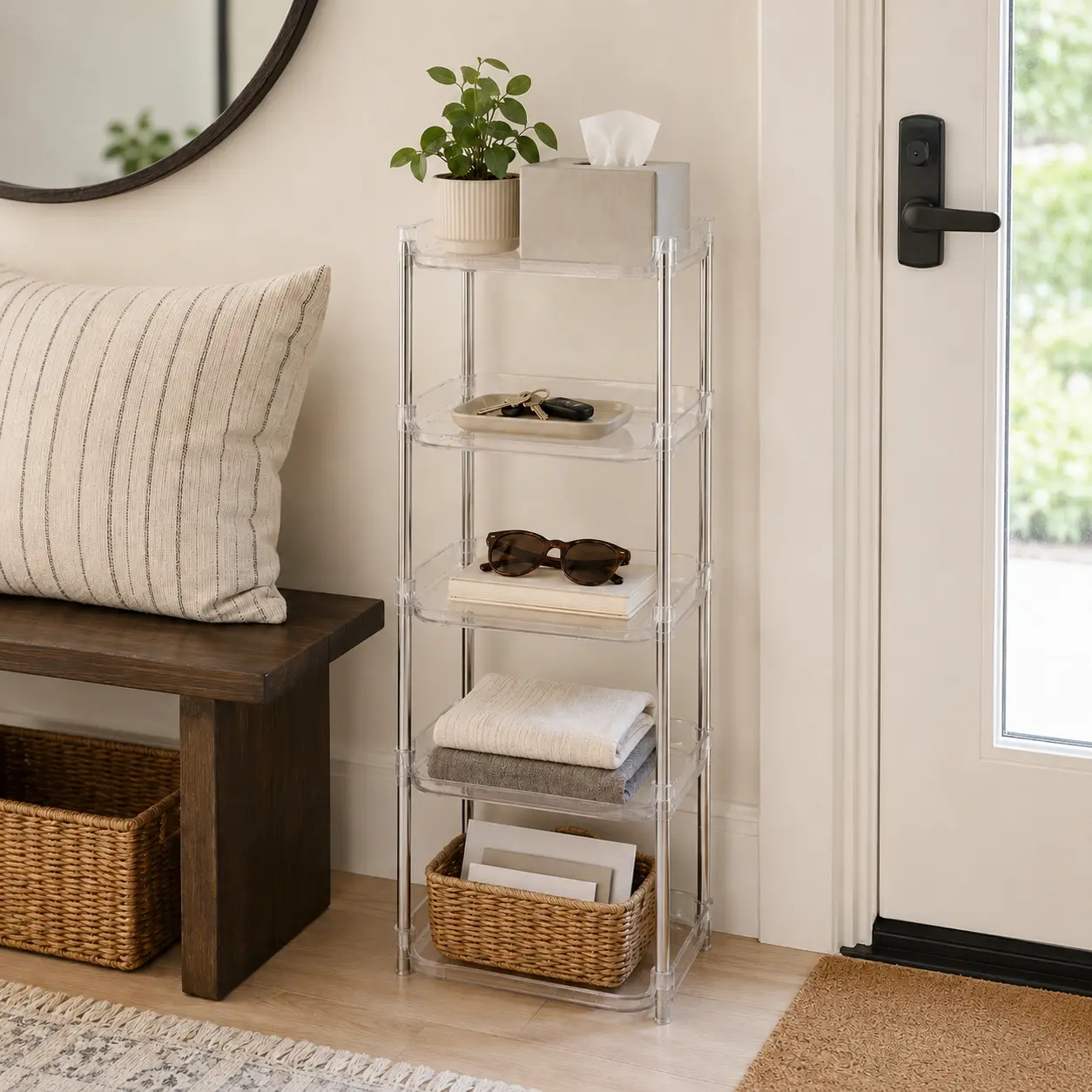 5-tier transparent storage rack, multifunctional organizer, waterproof space-saving display shelf, suitable for bathroom, kitchen, bedroom, and office, easy to install