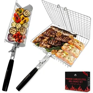 's Bbq Grill Basket Set For Meat Fish Vegetables Stainless Steel 304 Barbecue Bbq Grilling Accessories Gifts For Men, Removable Wooden Handle Tool Shrimp Outdoor Cooking Camping Tailgating