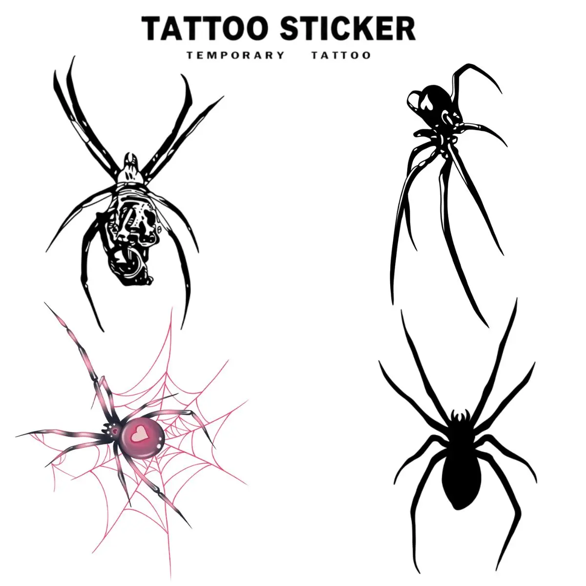 4 PCS Temporary Tattoo Dark Skull Spider Heart Web Series Fake Tattoo Stickers, 4 Sheets Pack, Semi-Permanent Durable Waterproof, Realistic Look For Men Women, Perfect For Alt Street Party Body Art - Temporary Tattoos