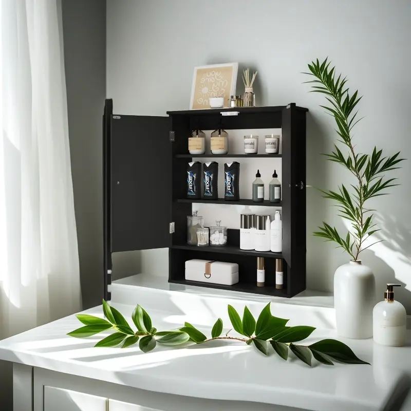 Wall-Mounted Over-Toilet Storage Cabinet - Sturdy Wood Modern Single Unit, 2 Doors, Adjustable Shelf, Clean Lines, Space-Saving, for Bathroom Decor Ideas, Laundry, Entrance, Requires Assembly (White/Black)