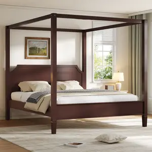Queen Size Canopy Platform Bed with Headboard and Support Legs, Solid Wood Bed Frame, No Box Spring Needed, Walnut