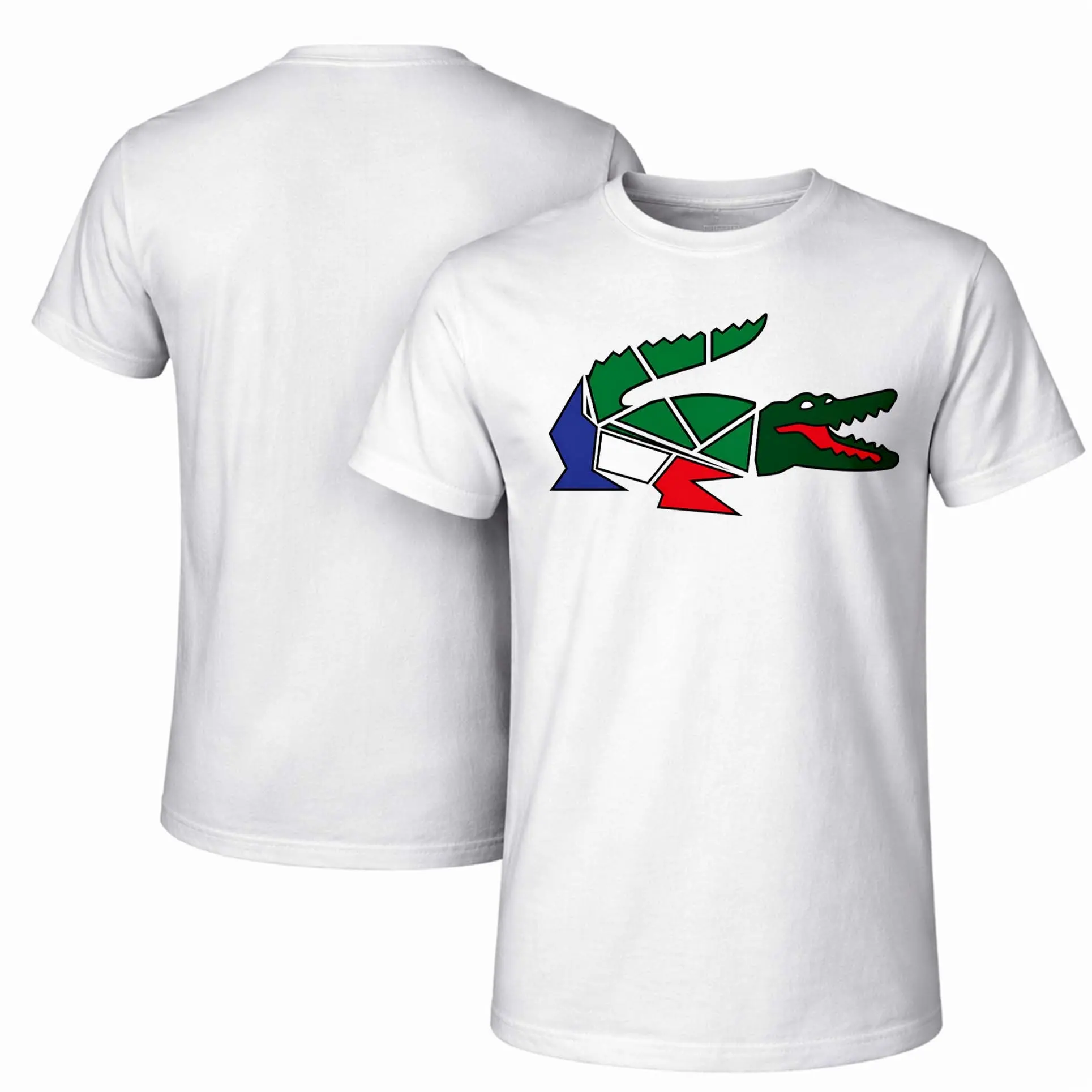 Men's Pure Cotton Short-Sleeve Shirt With Building Block Crocodile Print-A Unisex Casual Style Perfect For Spring And Summer; Featuring A Cool Graphic Design And A Classic Crew Neck, Suitable For All Four Seasons.
