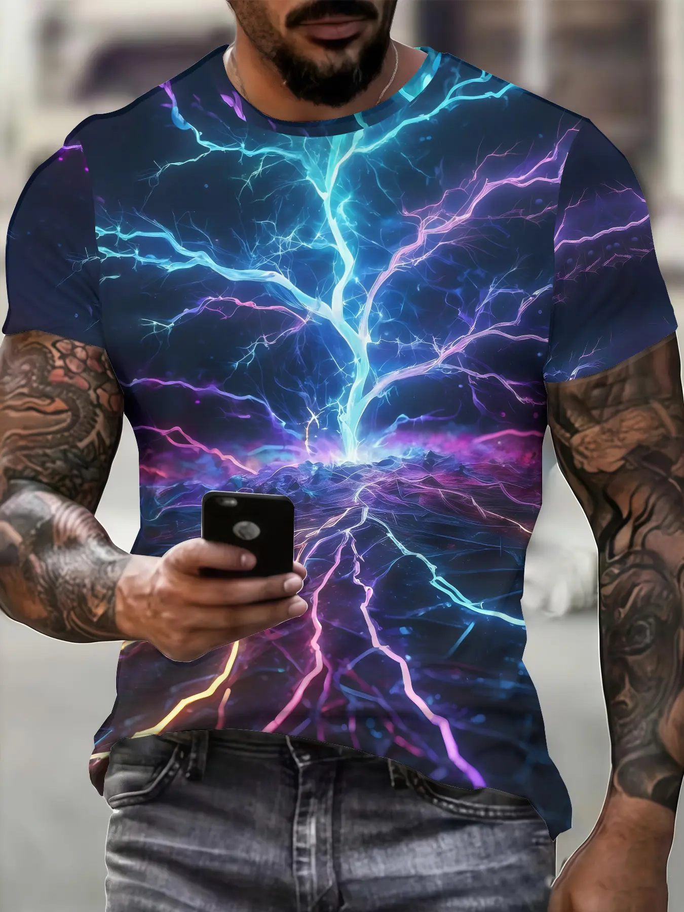 Men's 3D Lightning Bolt T-Shirt - Full-Body Lightning Print Short Sleeve Round Neck Casual Sportswear Top, Machine Washable Suitable for Gym, Outdoor & Casual Attire - Lightning Bolt Design for Athletic and Leisure Activities