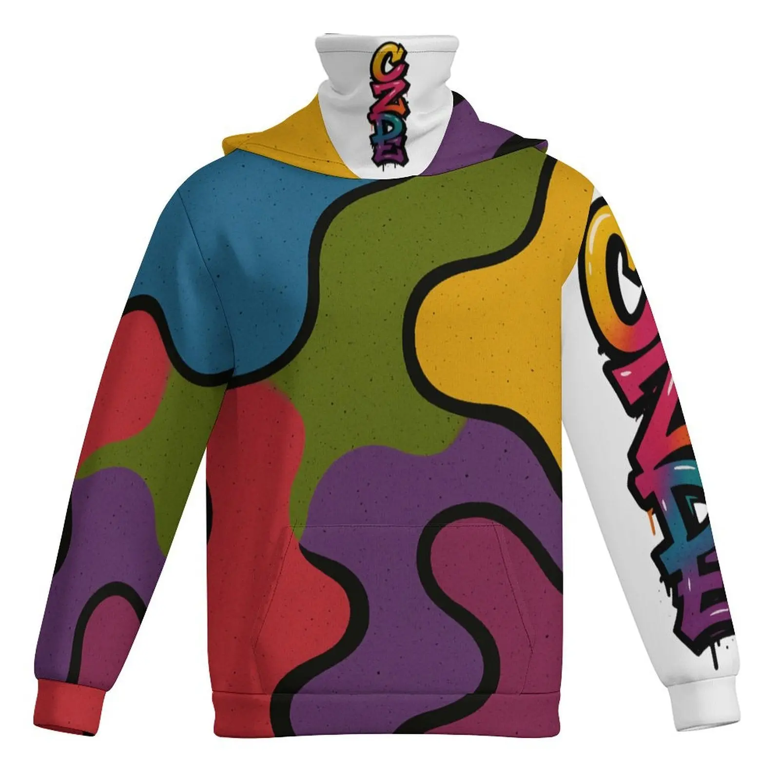 CZDE Unisex Hoodie - Graffiti Streetwear with Abstract Multicolor Design for Men & Women Casual Everyday Wear with Mask Piece in Polyester