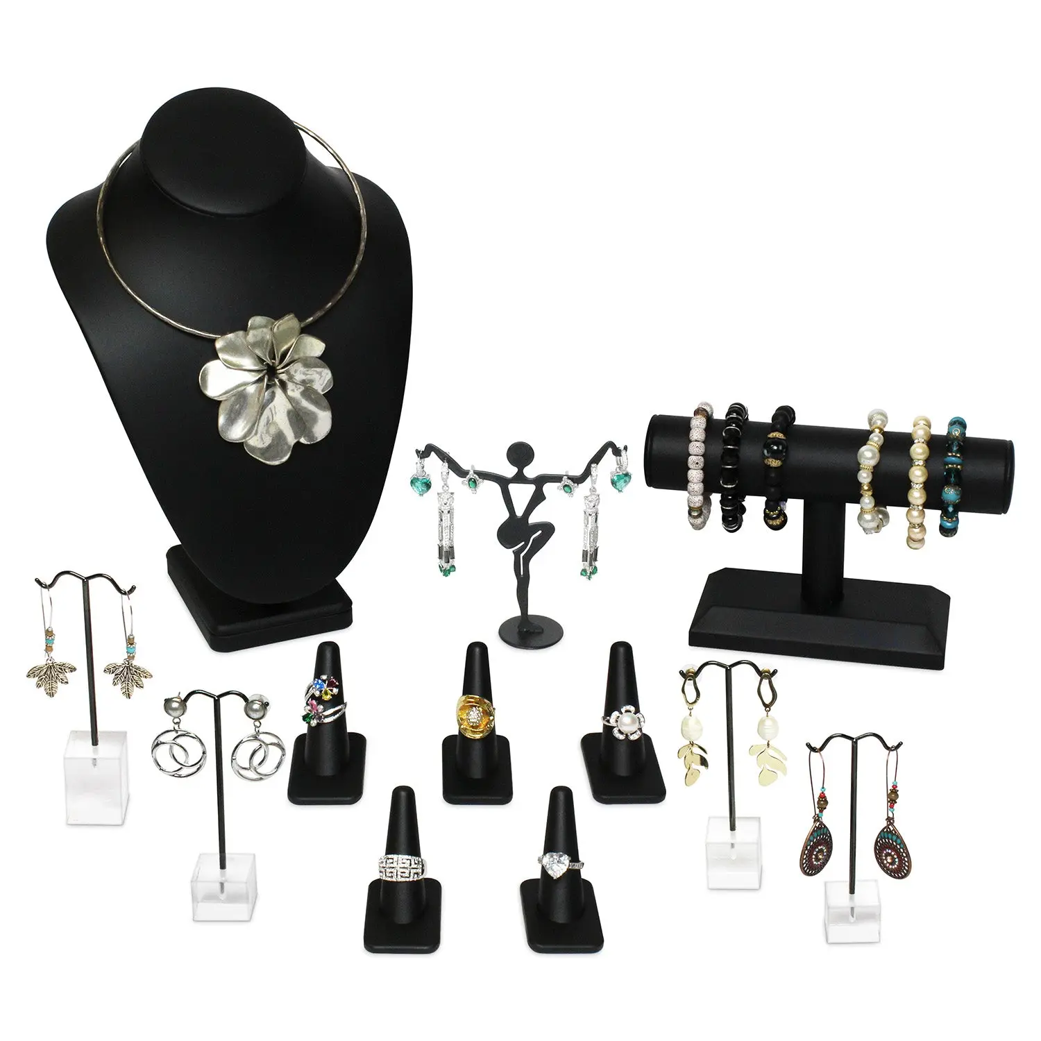 #JWY1318-LBK 12 Pcs Jewelry Display Set, Necklace Display Bust, T-Bar Bracelet Stand, Earring Organizer, Ring Holder Stand for Showcase and Store, Premium Black Faux Leather