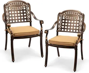 Karlhome Patio Chairs Set of 2 - Stackable Outdoor Cast Aluminum Dining Chairs with Vintage Bronze Finish and Plaid Pattern, Metal Armchairs for Poolside, Backyard, Balcony (with Cushion)