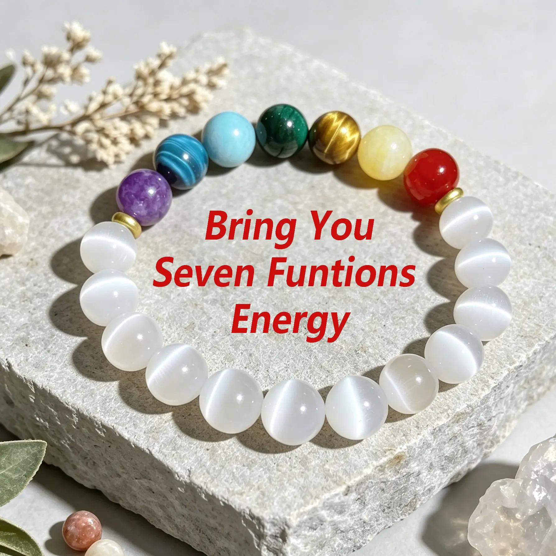 [Free 14K Gold Pendant for First 10]7 Chakra Healing Crystal Bracelet with 18K Gold Spacers, Natural Cat's Eye Beaded Stretch Bracelet for Women and men, Spiritual Energy Balancing Reiki Jewelry Gift