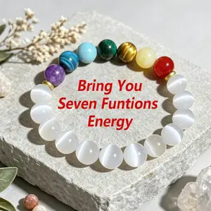 7 Chakra Healing Crystal Bracelet with 18K Gold Spacers, Natural Cat's Eye Beaded Stretch Bracelet for Women and men, Spiritual Energy Balancing Reiki Jewelry Gift