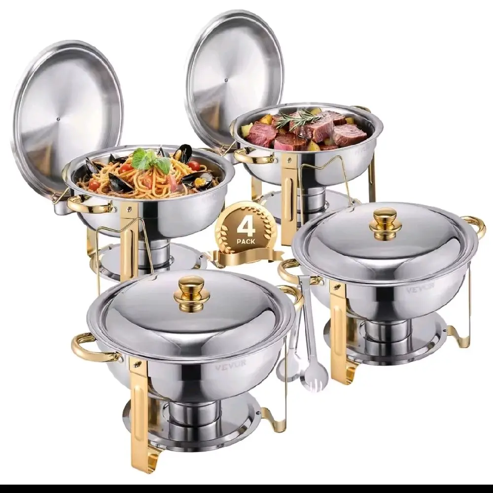 5 QT 4 pack chaffing dish buffet set stainless steel chafer with 4 full size pans round catering warmer server with Lid