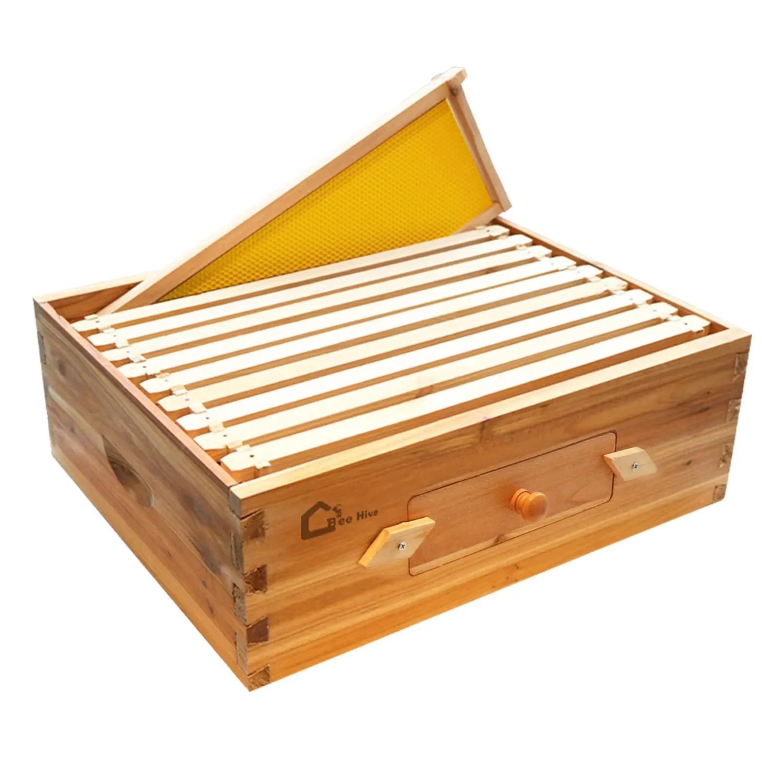 10 Frame Bee Hive Box, Medium Wax Coated Honey Super Bee Hive Kit with Frames Foundations Sheets and Acrylic Window for Beginners Beekeepers