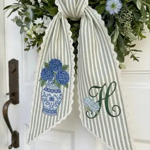 Personalized Hydrangea Embroidered Bow | Custom Monogram Wedding Sash | Blue Floral Door Wreath Sash | Spring Garden Home Decor
