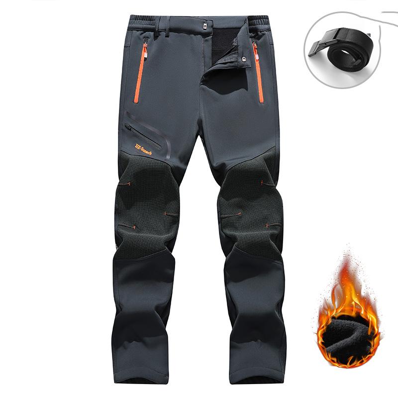 Men's Winter Fleece Lined Warm Pants Outdoor Hiking Durable Plush Spliced Design Multi-pocket Thermal Trousers with Adjustable Waist