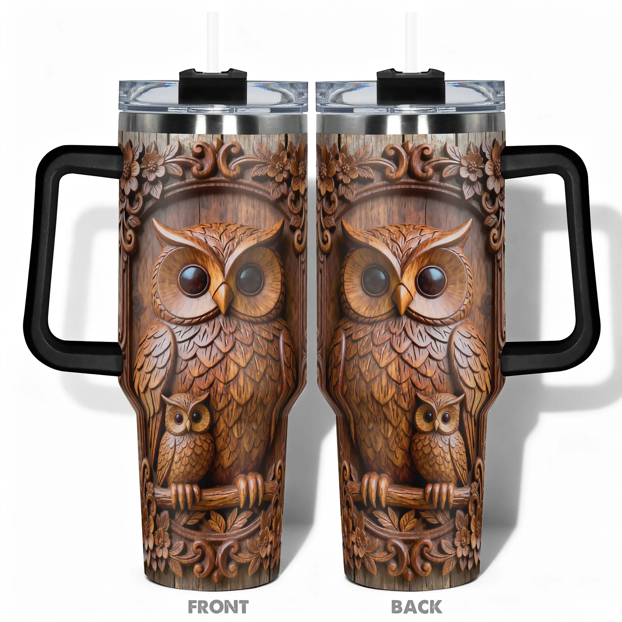 1pc Stainless Steel Cup 40oz/30oz/22oz/20oz/14oz Water Bottle Tumbler, Insulated Travel Drinkware, Funny Design With Carved Wooden Owl Family Pattern Double-layer insulation Leakproof Large Capacity, Needed for Gym, Hiking, Travel Ideal Birthday C