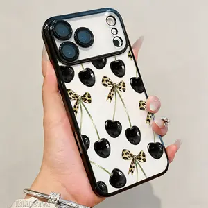 Black Cherry Leopard Print Bow Pattern Phone Case For iPhone 17 Pro Max 16 15 Plus 14 13 12 11 Air Electroplated Shockproof Protection Cellphone Cover