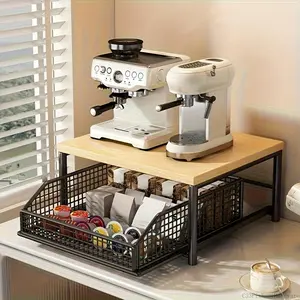 Space-Saving Kitchen Countertop Organizer with Drawer & Wire Basket - Sturdy Hardwood & Metal 2-Tier Storage Shelf for Coffee Maker, Utensils, Spices - Contemporary Black/White Design, No Power Needed, Durable Home Organization, BeverageC33FixEasyHardware