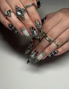 Gothic Baroque Metal Press On Nails | Black & Silver Luxury Nail Art | 3D Gothic Cross Stiletto Nails | Statement Nail Design