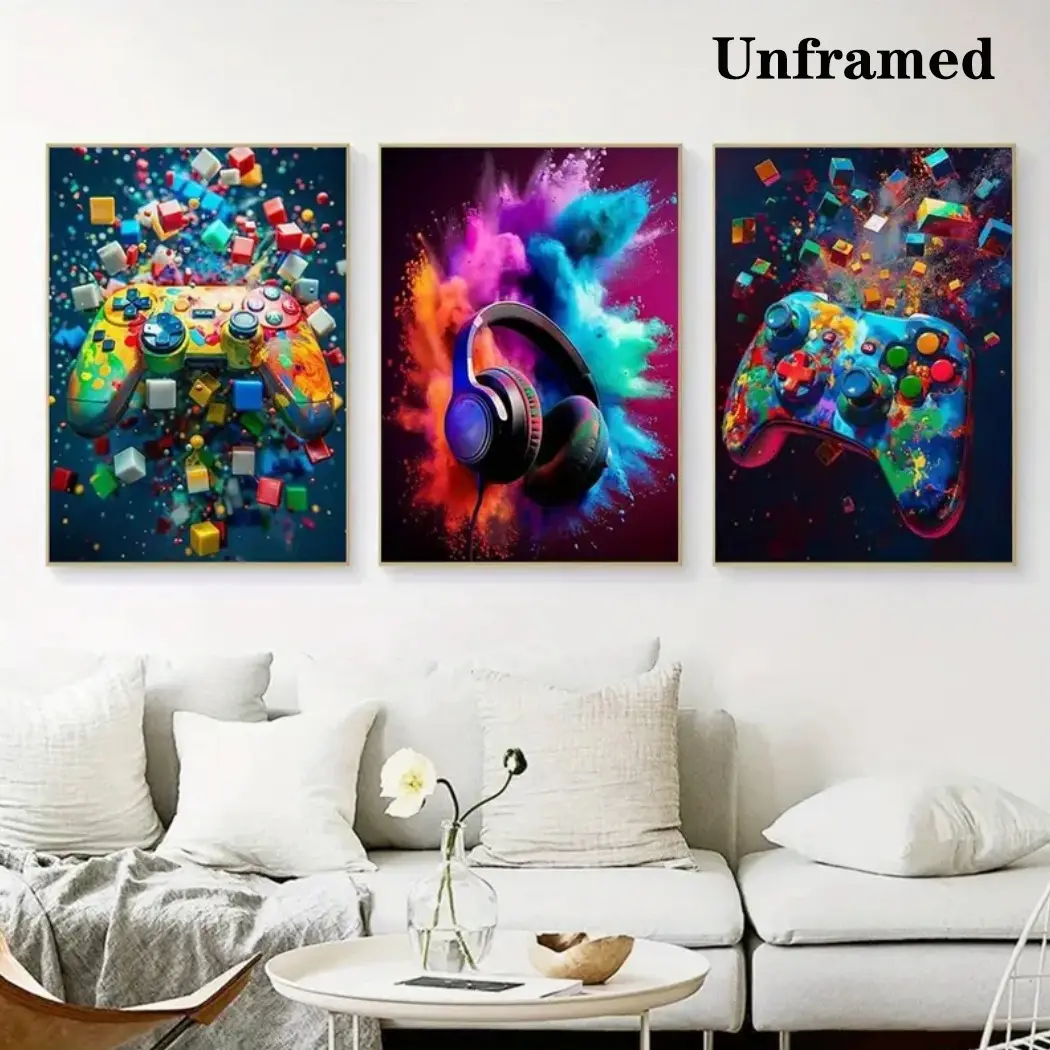 3-piece Color Game Art Set with Optional Wooden Frame Decoration - Vibrant Playstation Controller, Colorful Explosive Headphones, and Xbox Controller with Modern Dynamic Game Decoration, Perfect for Gaming Rooms or Teenage Bedrooms 3-piece Color Game Art Set with Optional Wooden Frame Decoration - Vibrant Playstation Controller, Colorful Explosive Headphones, and Xbox Controller with Modern Dynamic Game Decoration, Perfect for Gaming Rooms or Teenage Bedrooms