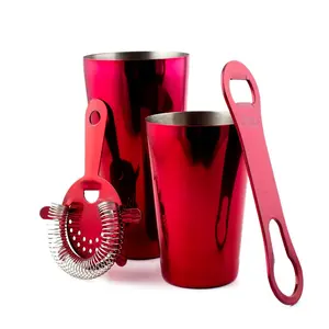 Stainless Steel 4-Piece Bar Set - Metallic Tin Bar Utensils Including Bottle Opener, Cocktail Shaker, and Other Essential Tools (Multiple Color Options)