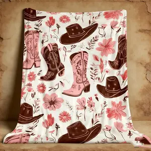 Western Cowboy Boots Hats Flannel Blanket - Premium Flannel Material Pink Brown Cowgirl Design with Floral Western Motifs for Sofa Bed Camping Travel Country Home Decor Mother's Day Valentine's Day Birthday Christmas Gift