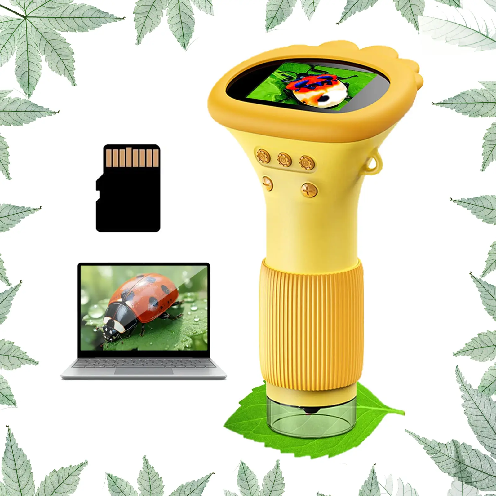 Microscope Portable with Memory Card Digital Scope Photo Video Yellow White Brown School Supplies 100x-1000x Magnification 8 LED Lights