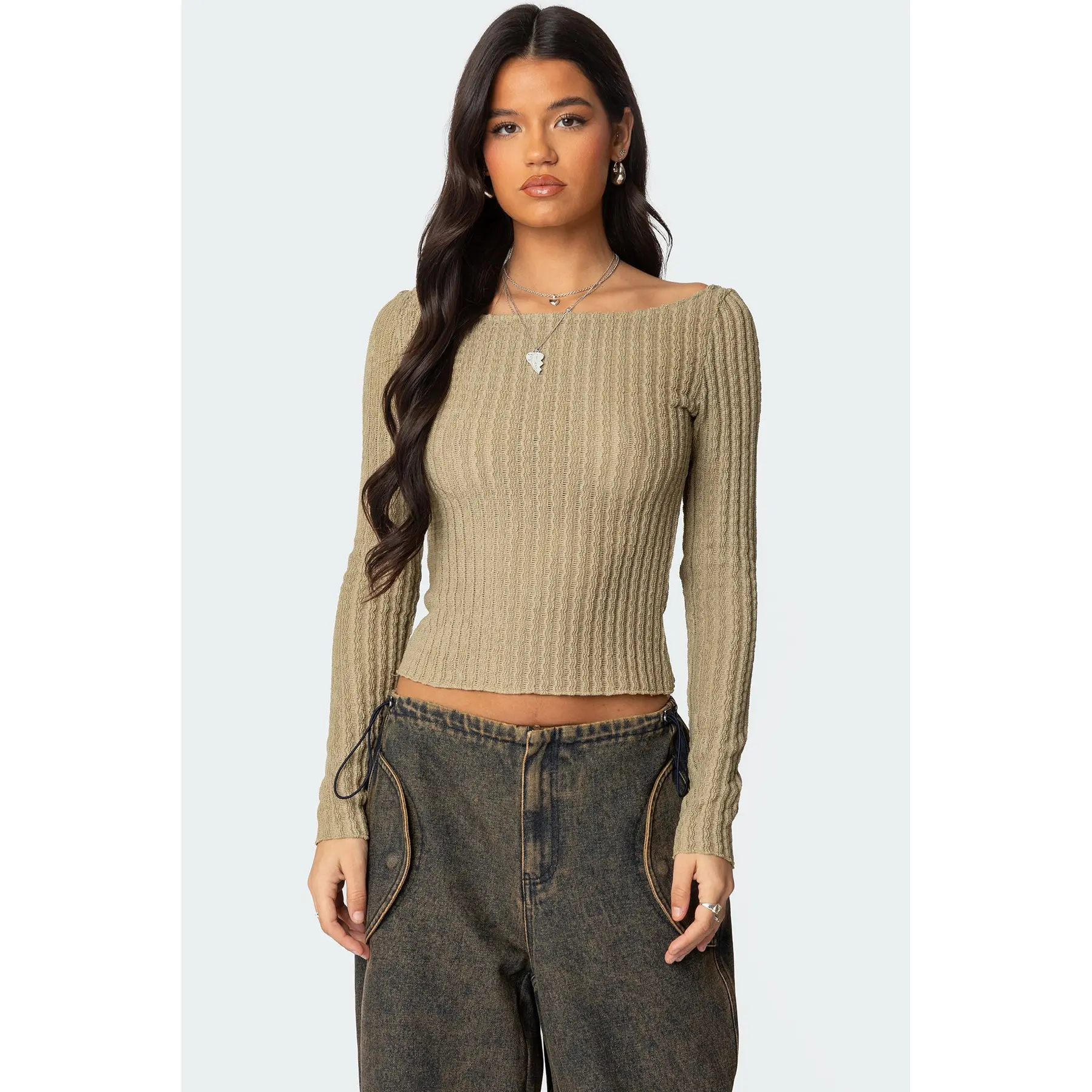 Textured Sheer Boat Neck Top