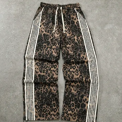 Men's Street Style Fashion Contrast Stripe Leopard Print Drawstring Waist Sports Pants, Athleisure Style Bottoms, Trendy Casual Wear for All Seasons, Casual Comfy Sporty, Casual Sporty Pants