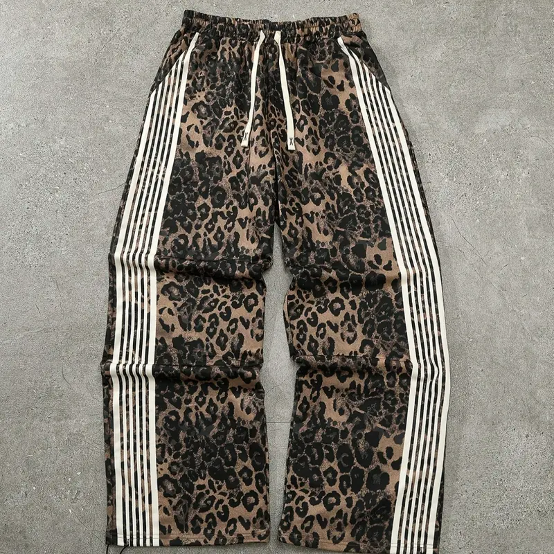 Men's Street Style Fashion Contrast Stripe Leopard Print Drawstring Waist Sports Pants, Athleisure Style Bottoms, Trendy Casual Wear for All Seasons, Casual Comfy Sporty, Casual Sporty Pants