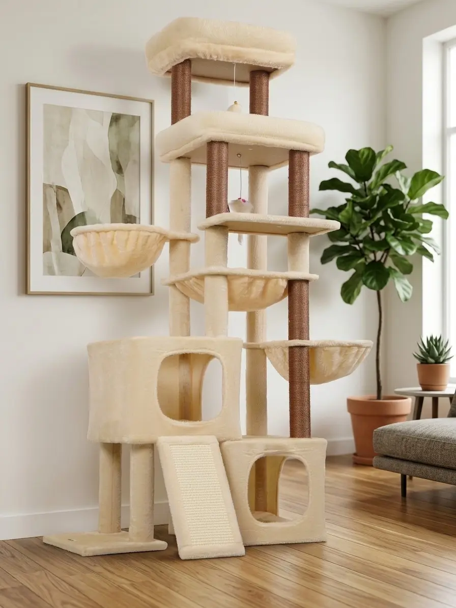 Deskat Cat Tree for Large Cats, 63 Inch Multi-Level Cat Tower for 4+ Indoor Cats with 2 Condos, 3 Hammocks, Sisal Scratching Posts and Board, Multi-Cat Furniture for Large Breeds,