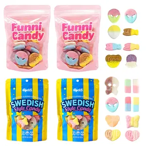Swedish Style Gummy Candy Mix Sweet & Sour 4 Pack 8oz Assorted Fruit Flavors Strawberry Vanilla Banana Toffee Watermelon Grape Blueberry Raspberry Bubblegum Gift Snacks