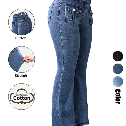 【Black Friday】Women's Pocket Stretchy Fit Jeans, Vintage Flared High-Waist Casual Chic Comfy Bell Bottom Button Closure Denim Trousers for Daily Wear, Ladies Bottoms for All Seasons