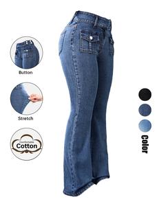 Women's Pocket Flare Leg Jeans, Casual Comfy Bell Bottom Denim Trousers for Daily Wear, Ladies Bottoms for All Seasons, Womenswear, Medium Wash Pants