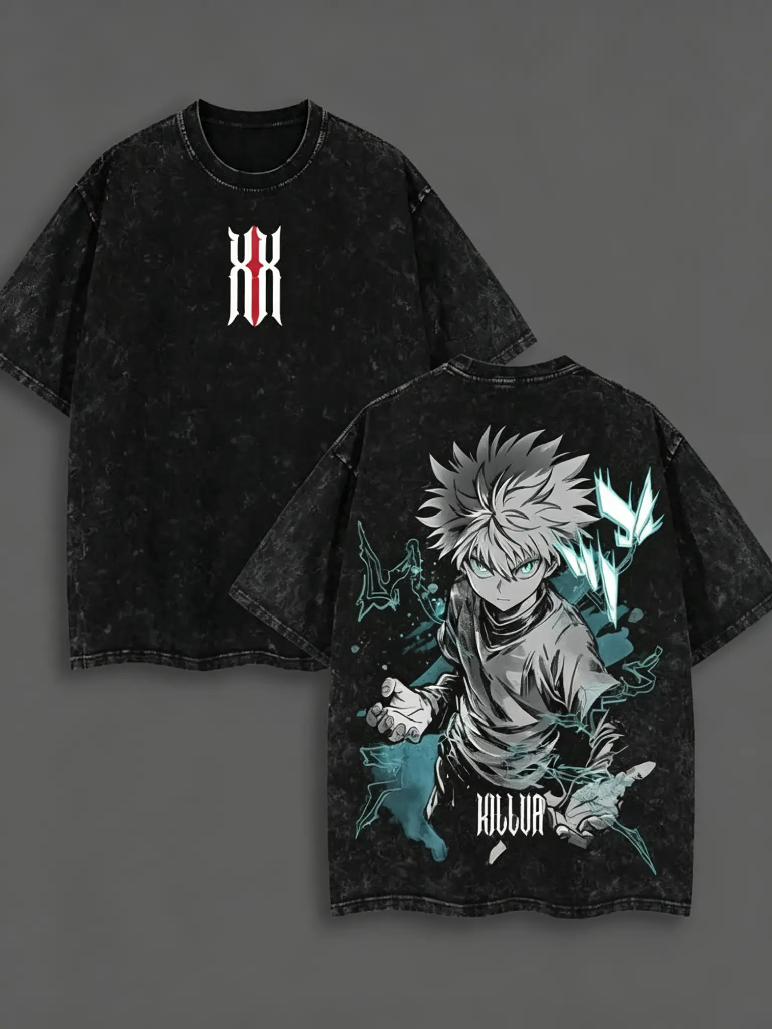 Men's Vintage Acid Wash Hunter x Hunter Killua T-Shirt, Double Sided Lightning Ninja Anime Graphic Tee, Grunge Streetwear Oversized Heavy Cotton Top Casual Menswear Unisex Relaxed Fit