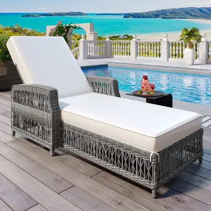Aobtkel ® GO Outdoor Long Reclining Chaise, Wicker Lounge with Armrests, Patio Adjustable Recliner with Soft Removable Cushions, All Weather Rattan Pool Lounge for Poolside & Garden, Beige#Summervibes