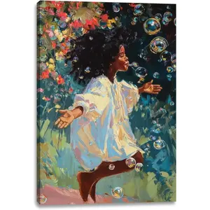 The Black Girl Blowing Bubbles Canvas Wall Art African American Painting Poster Black Women Picture for Wall Decor Living Room Bathroom Bedroom Home Decoration 12*16 in (Stretched Canvas on A Wooden Frame)