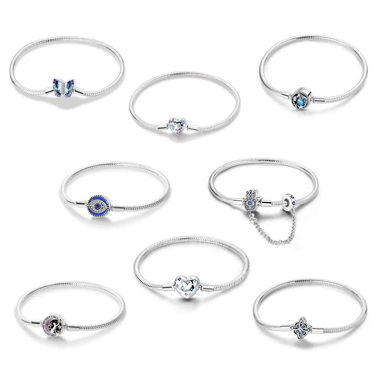 MULA S925 silver plated beaded bracelet set with blue CZ and enamel - butterfly, heart, galaxy and Celtic symbols, perfect gift for girls and women, compatible with Pandora beads and charms