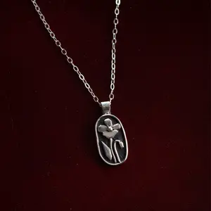 Handmade Sterling Silver Poppy Flower Necklace: Shadow Box Pendant, 16 inch Chain