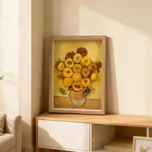 Van Gogh Sunflowers Preserved Flower Frame , featuring real preserved flowers in a 3D artistic design. A long-lasting aesthetic decor for bedroom, living room, and desk.