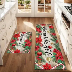 2Pcs Christmas And New Year Printed Kitchen Floor Mat Poinsettia Flower Candy Ball Floor Mat Set Farmhouse Kitchen Carpet Restaurant Floor Laundry Room Decoration Carpet Mat Home Decor Rugs